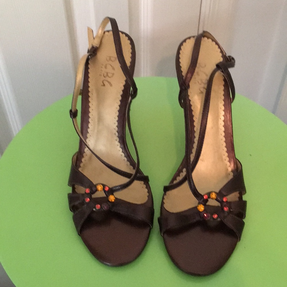 BCBG metallic leather strappy sling back heels.